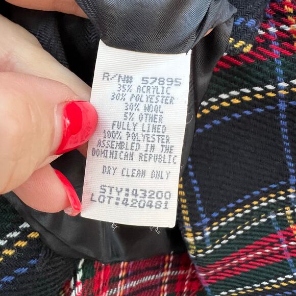 VTG 80s Requirements Red Black Holiday Christmas Plaid Crop Wool Blend Blazer 12 - Picture 4 of 9
